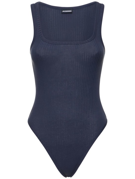Jacquemus: Body en maille de coton Le Body Caraco - Bleu Marine - women_0 | Luisa Via Roma