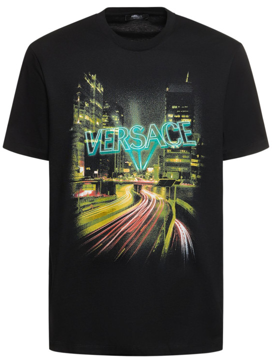 Versace: T-shirt en coton imprimé Versace Lights - Noir - men_0 | Luisa Via Roma