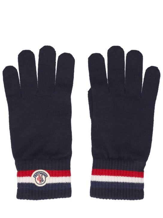 Moncler: Extrafine wool tricolor gloves - Midnight Blue - men_0 | Luisa Via Roma