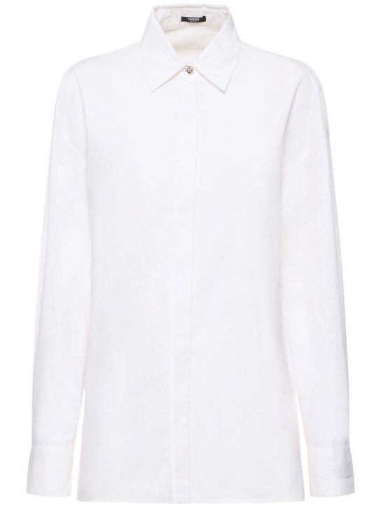 Versace: Chemise en popeline de coton détail logo - Blanc - women_0 | Luisa Via Roma