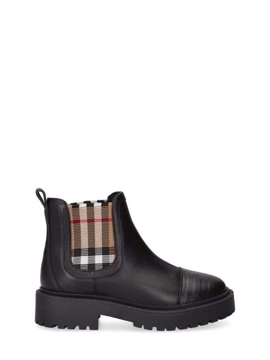 Burberry: Check print leather Chelsea boots - Black - kids-girls_0 | Luisa Via Roma