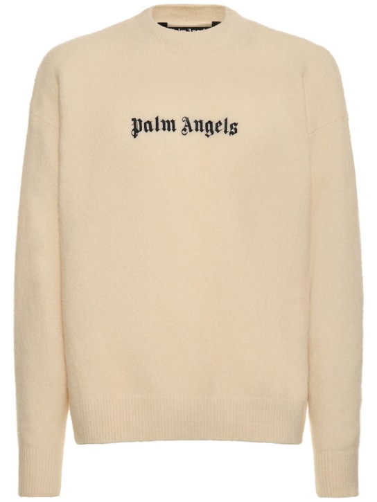 Palm Angels: Pull-over en laine mélangée à logo - Blanc - men_0 | Luisa Via Roma