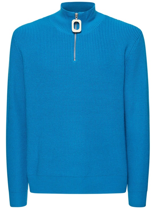 JW Anderson: Suéter de punto de lana con media cremallera - Azul - men_0 | Luisa Via Roma
