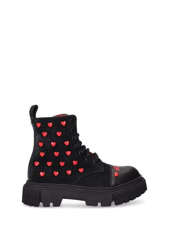 Moschino: Suede combat boots w/hearts - Black/Red - kids-girls_0 | Luisa Via Roma