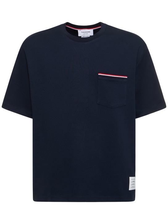 Thom Browne: T-shirt en jersey de coton avec liseré à rayures - Bleu Marine - men_0 | Luisa Via Roma