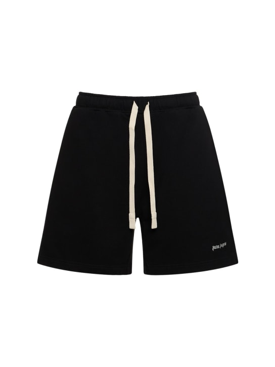 Palm Angels: Shorts in felpa di cotone con logo - Nero - men_0 | Luisa Via Roma