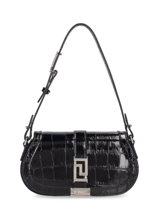 Versace: Mini croc embossed leather shoulder bag - Black Palladium - women_0 | Luisa Via Roma