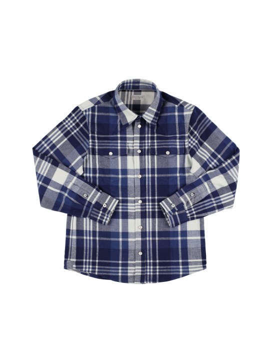 Brunello Cucinelli: Check print flannel shirt - Navy/White - kids-boys_0 | Luisa Via Roma
