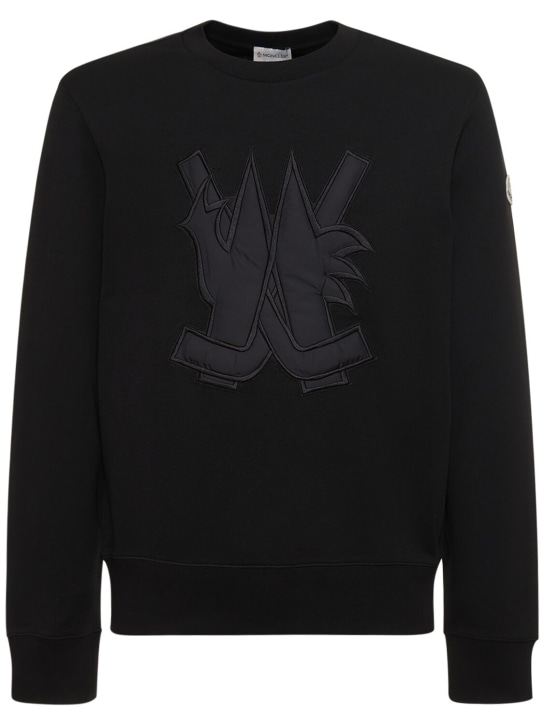 Moncler: Logo patch cotton crewneck sweatshirt - Black - men_0 | Luisa Via Roma