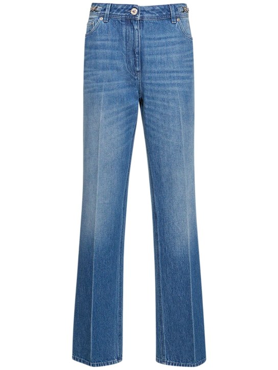 Versace: Jeans dritti in denim con logo - Blu - women_0 | Luisa Via Roma