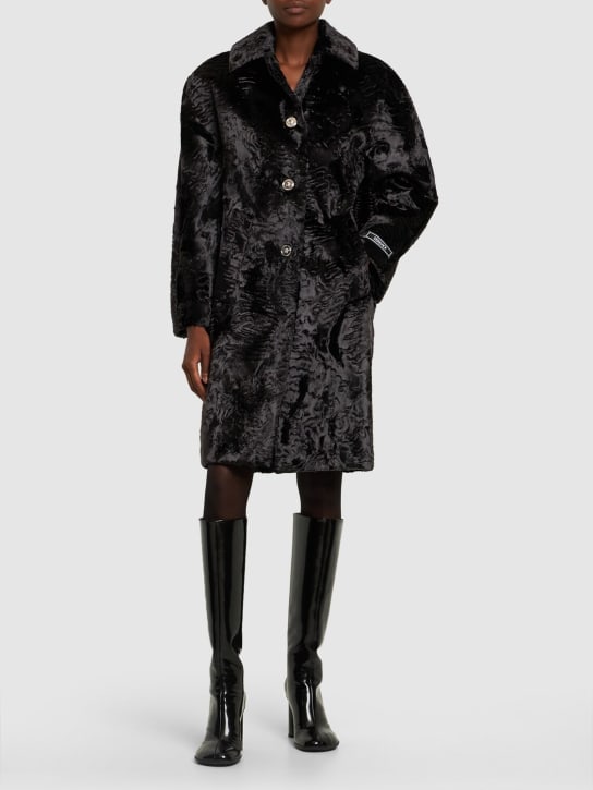 Versace: Astrakan faux fur logo detail coat - Dark Brown - women_1 | Luisa Via Roma