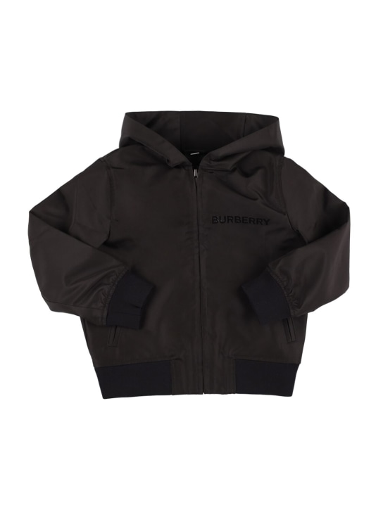 Burberry: Embroidered logo hooded nylon jacket - Black - kids-boys_0 | Luisa Via Roma