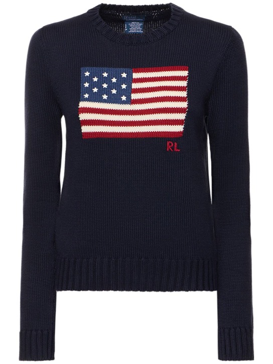 Polo Ralph Lauren: Flag cotton knit sweater - Navy/Multi - women_0 | Luisa Via Roma