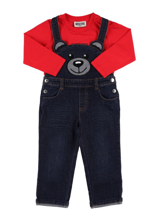 Moschino: 棉质平纹针织T恤&牛仔背带裤 - 红色 - kids-boys_0 | Luisa Via Roma