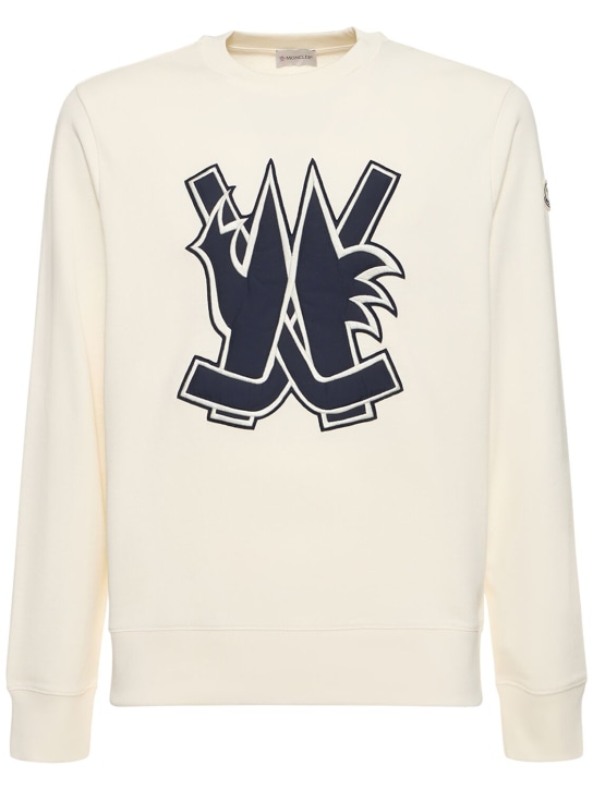 Moncler: Logo patch cotton crewneck sweatshirt - Bright White - men_0 | Luisa Via Roma