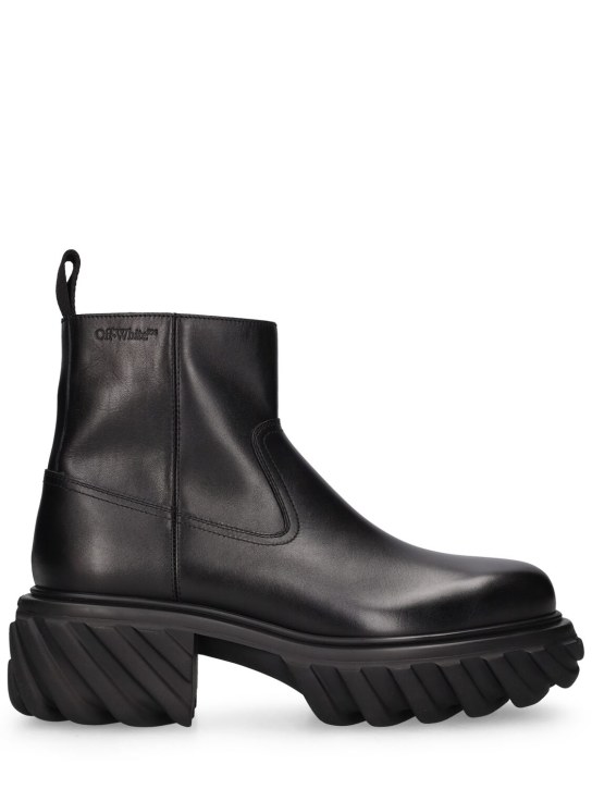 Off-White: Tractor Motor leather ankle boots - Siyah - men_0 | Luisa Via Roma