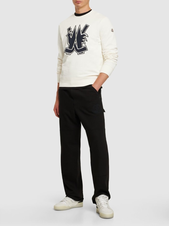 Moncler: Logo patch cotton crewneck sweatshirt - Bright White - men_1 | Luisa Via Roma
