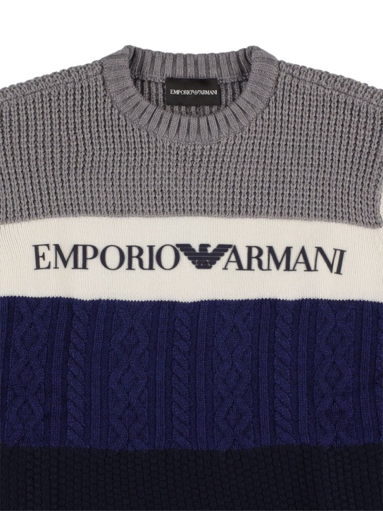 Emporio Armani: Logo条纹羊毛混纺毛衣 - 灰色 - kids-boys_1 | Luisa Via Roma