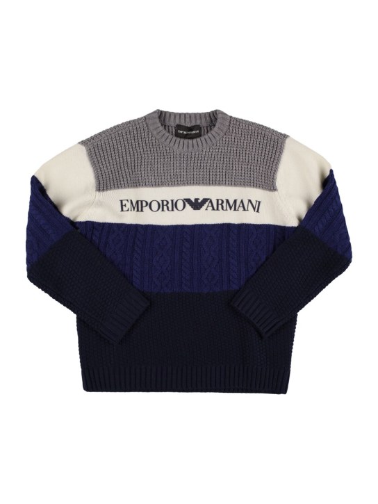 Emporio Armani: Striped wool blend sweater w/logo - Grey - kids-boys_0 | Luisa Via Roma