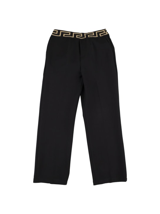 Versace: Greca logo stretch cady pants - Black - kids-boys_0 | Luisa Via Roma