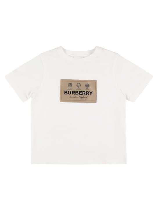 Burberry: T-shirt en jersey de coton à imprimé logo - Blanc - kids-boys_0 | Luisa Via Roma