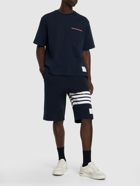 Thom Browne: Intarsia stripes cotton jersey shorts - Navy - men_1 | Luisa Via Roma