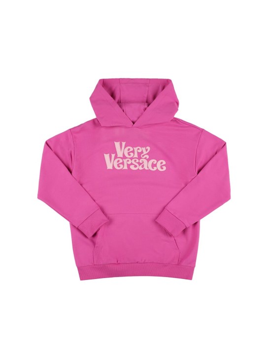 Versace: Embroidered logo cotton hoodie - Pembe - kids-girls_0 | Luisa Via Roma