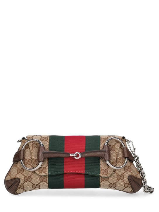 Gucci: Small Gucci Horsebit Chain GG canvas bag - Ebenholz - women_0 | Luisa Via Roma