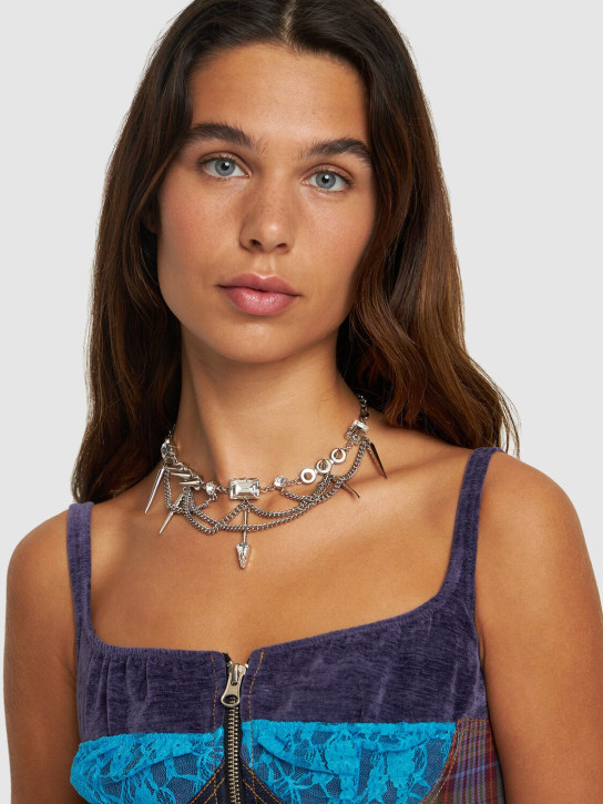 Alessandra Rich: Chain necklace w/ spikes & crystals - Gümüş - women_1 | Luisa Via Roma