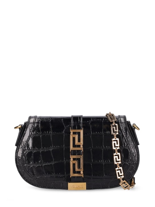 Versace: 中号鳄鱼压纹皮革手提包 - 黑色 - women_0 | Luisa Via Roma