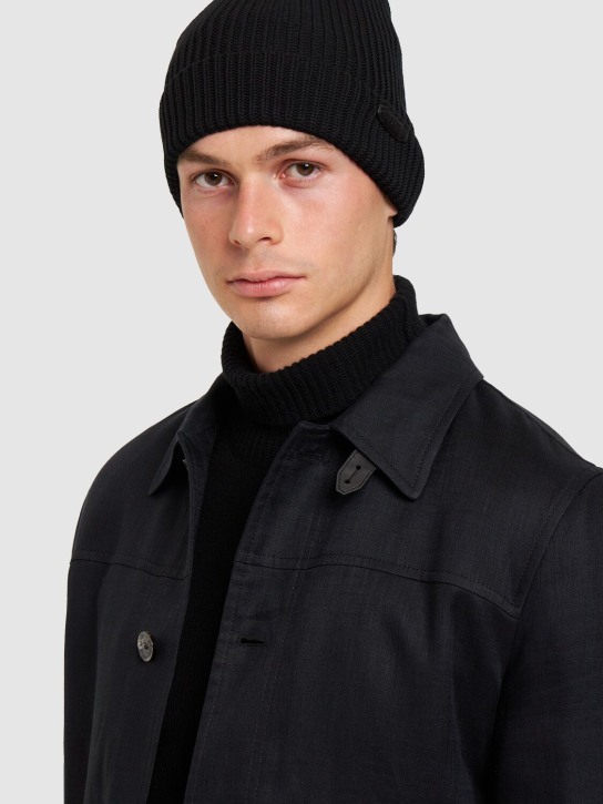 Brioni: Logo plaque wool knit hat - Black - men_1 | Luisa Via Roma