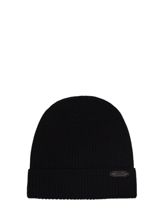 Brioni: Logo plaque wool knit hat - Black - men_0 | Luisa Via Roma