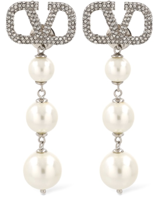 Valentino Garavani: Boucles d’oreilles en fausses perles V Logo - Blanc/Cristal - women_0 | Luisa Via Roma