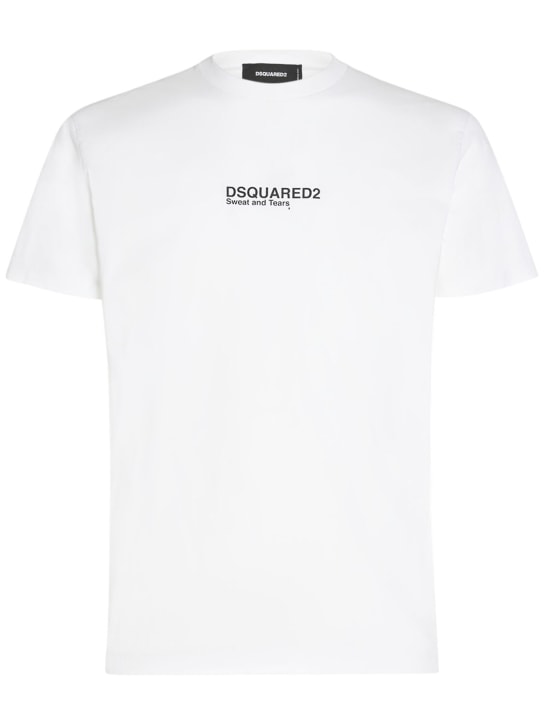 Dsquared2: T-shirt en jersey de coton imprimé logo - Blanc - men_0 | Luisa Via Roma