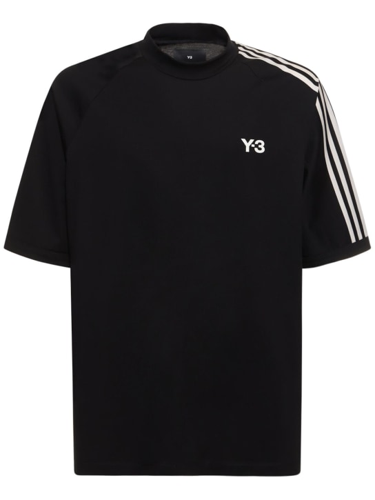 Y-3: T-shirt en coton à logo à 3 bandes - Black/Owhite - men_0 | Luisa Via Roma
