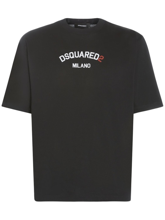 Dsquared2: 밀라노 프린트 코튼 티셔츠 - 블랙 - men_0 | Luisa Via Roma