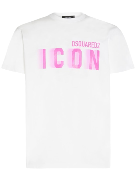 Dsquared2: T-shirt Icon in cotone - Bianco/Fucsia - men_0 | Luisa Via Roma