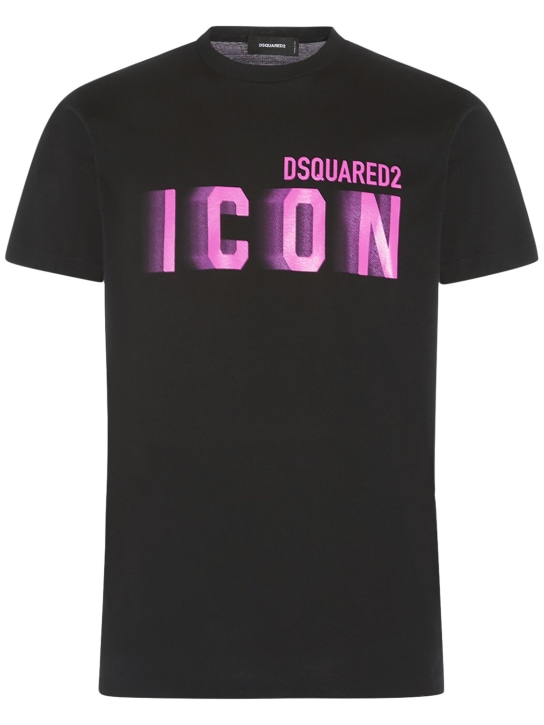 Dsquared2: Icon 프린트 코튼 티셔츠 - 블랙/자홍색 - men_0 | Luisa Via Roma