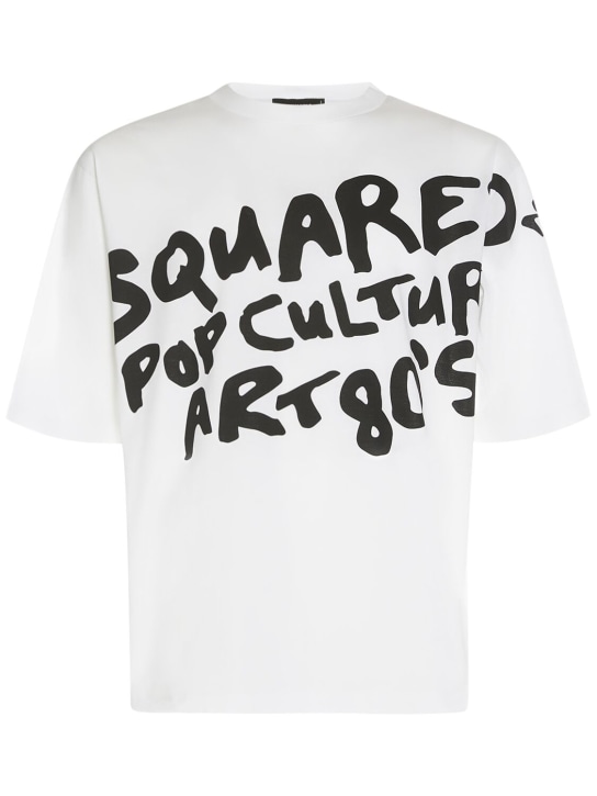 Dsquared2: T-shirt en coton imprimé D2 Pop 80’s - Blanc - men_0 | Luisa Via Roma