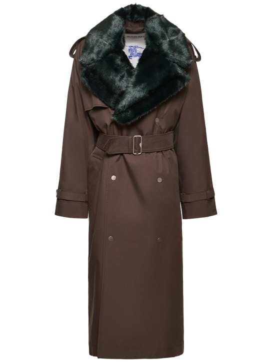 Burberry: Manteau long en gabardine de coton avec ceinture - Vert Olive - women_0 | Luisa Via Roma