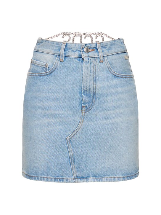 GCDS: Cotton denim mini skirt w/ logo detail - Blue - women_0 | Luisa Via Roma
