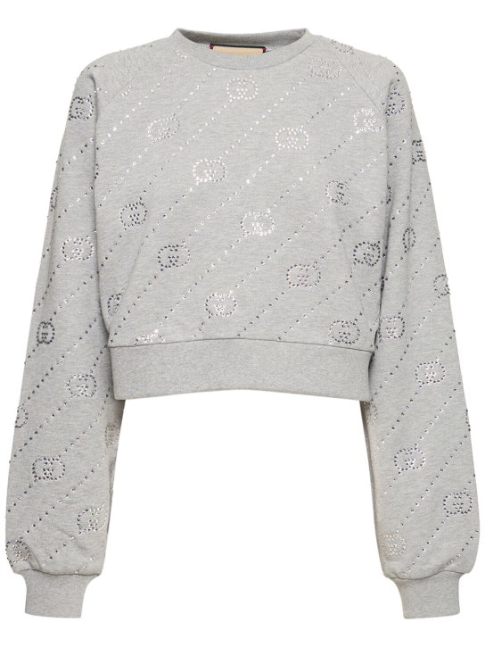 Gucci: Sweat-shirt court en jersey de coton GG à capuche - Gris - women_0 | Luisa Via Roma