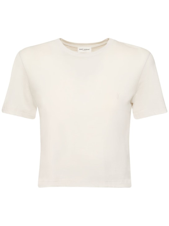 Saint Laurent: Kurzes T-Shirt aus Baumwolle - Dirty Ecru - women_0 | Luisa Via Roma
