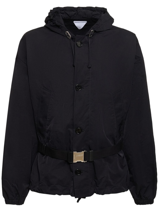 Bottega Veneta: Packable tech nylon hooded jacket - Black - men_0 | Luisa Via Roma