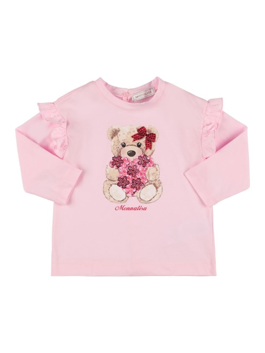 Monnalisa: 小熊印花棉质平纹针织T恤 - 粉色 - kids-girls_0 | Luisa Via Roma