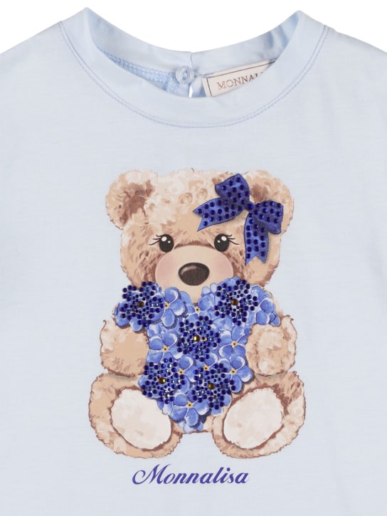 Monnalisa: Bear print cotton jersey t-shirt - Light Blue - kids-girls_1 | Luisa Via Roma