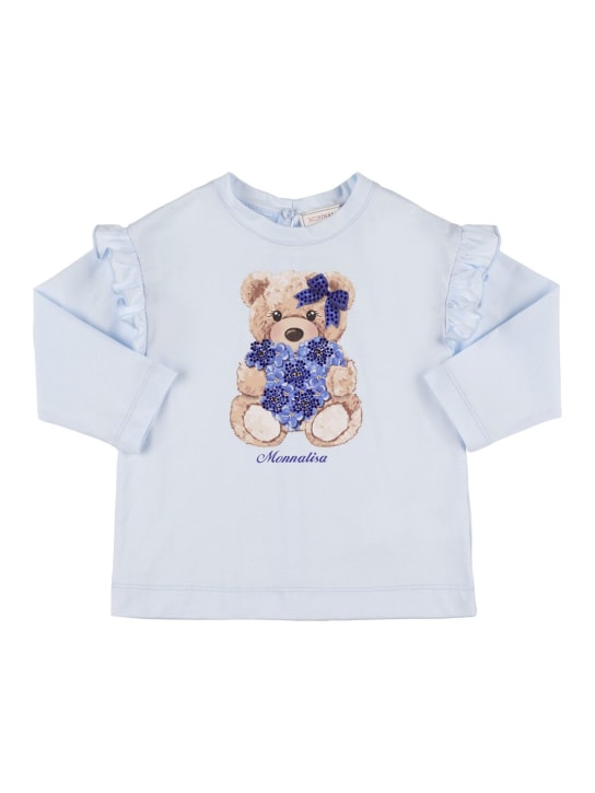 Monnalisa: Bear print cotton jersey t-shirt - Açık Mavi - kids-girls_0 | Luisa Via Roma