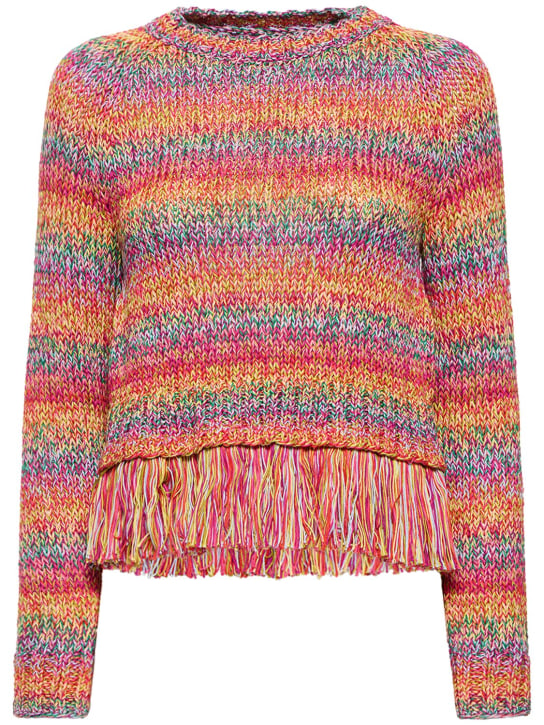 Oscar De La Renta: Cotton crochet knit sweater w/ fringes - Renkli - women_0 | Luisa Via Roma