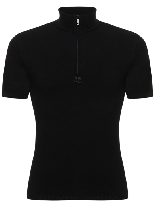 Courreges: Knit viscose blend short sleeve sweater - Black - men_0 | Luisa Via Roma