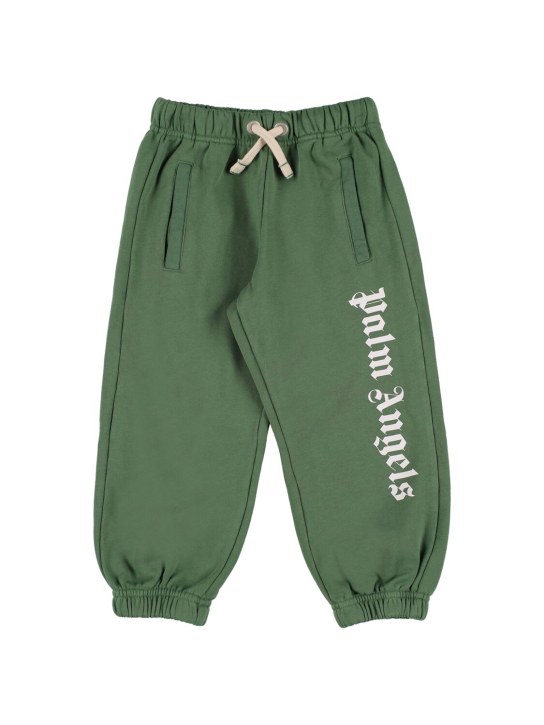 Palm Angels: Pantalon en jersey de coton à logo - Vert/Blanc - kids-boys_0 | Luisa Via Roma